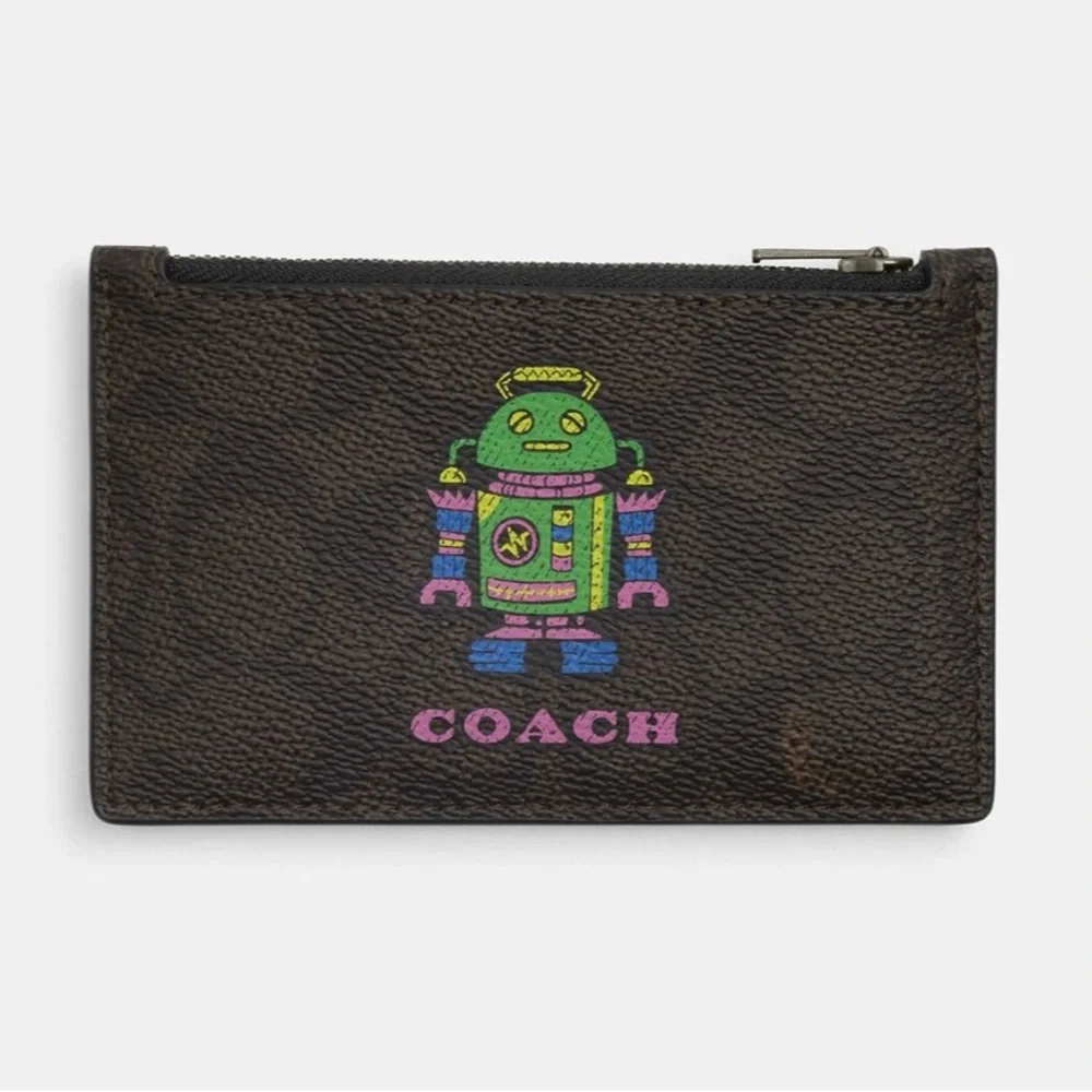 COACH COSMIC ZIP CARD CASE WITH ROBOT PRINT CW223 walnut multi - Picture 4 of 7